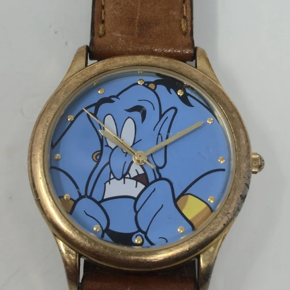Vintage Fossil Disney Aladdin Genie Watch Gold Tone Brown Leather Strap NO BATT